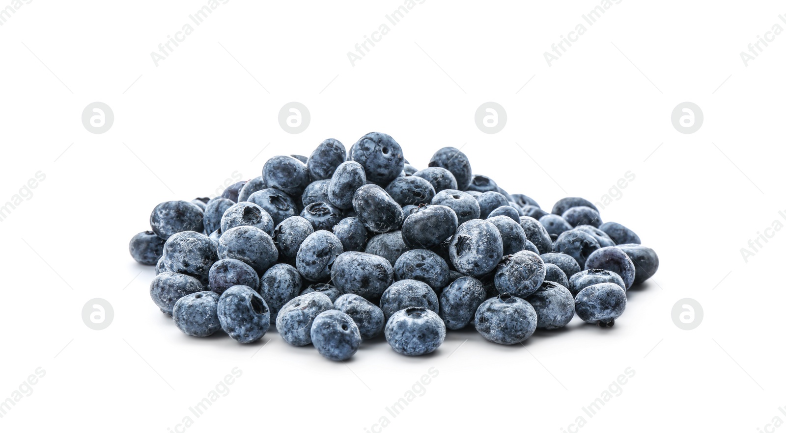 Photo of Heap of tasty frozen blueberries on white background