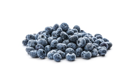 Photo of Heap of tasty frozen blueberries on white background