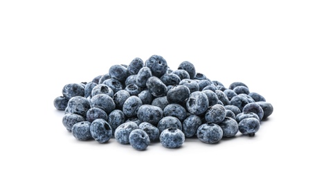 Heap of tasty frozen blueberries on white background