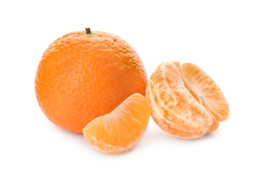 Photo of Fresh tangerines on white background. Citrus fruit