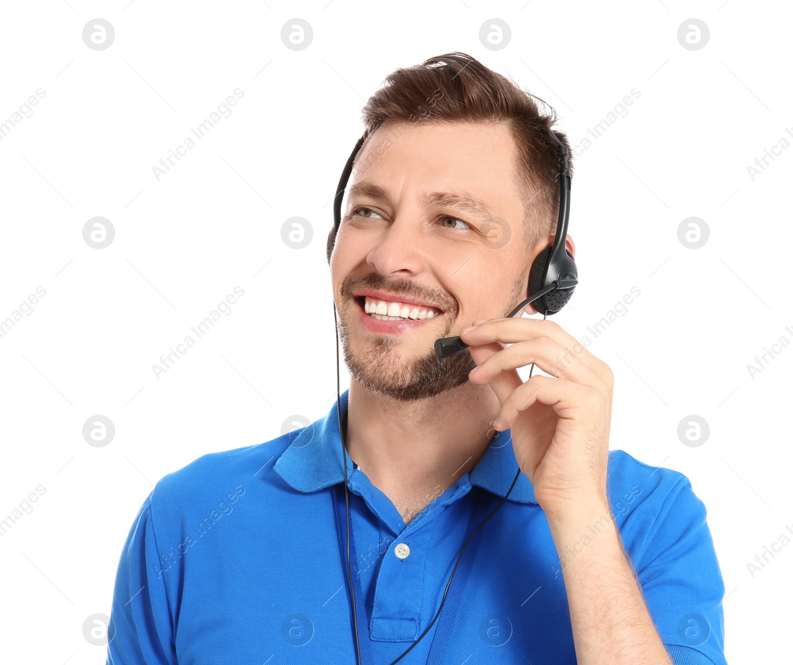 Photo of Male technical support operator with headset on white background