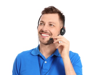 Male technical support operator with headset on white background