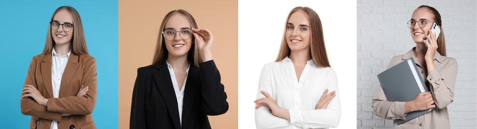 Collage with photos of beautiful secretary on different color backgrounds