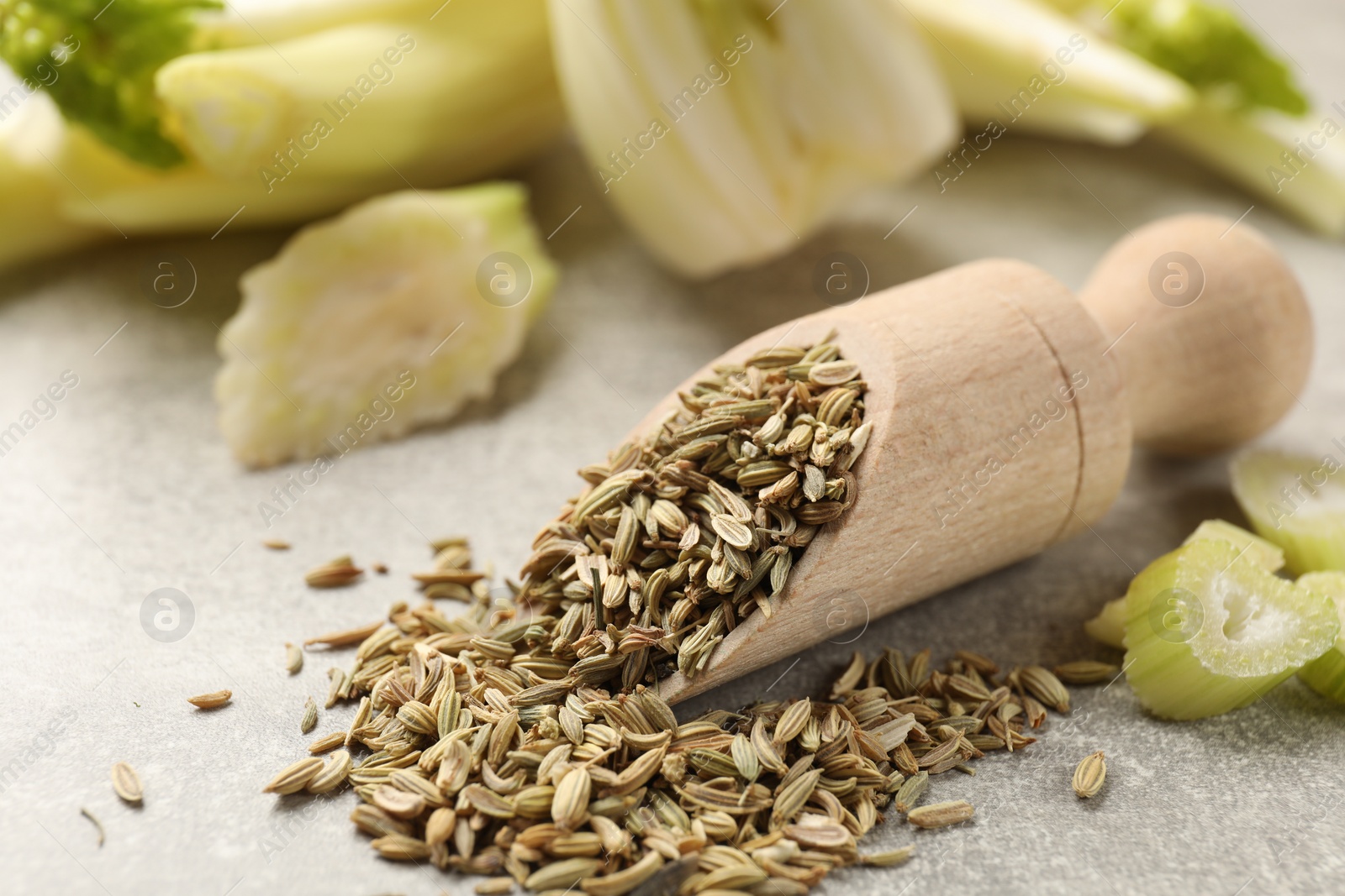 Photo of Scoop with fennel seeds and cut vegetable on light gray table, closeup