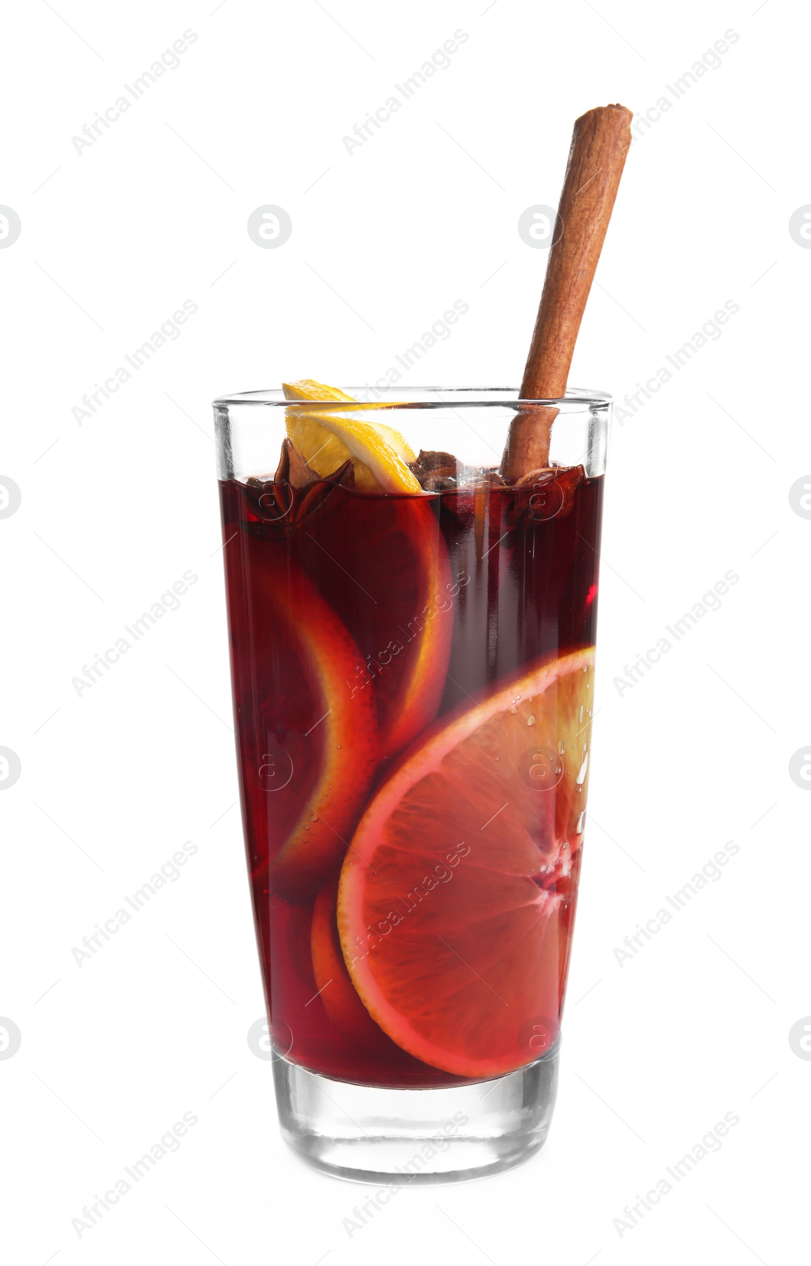 Photo of Glass with red mulled wine on white background