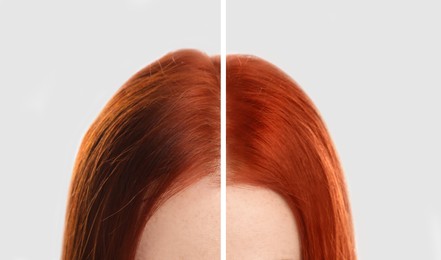 Image of Closeup view of young woman before and after hair dyeing on light background, collage