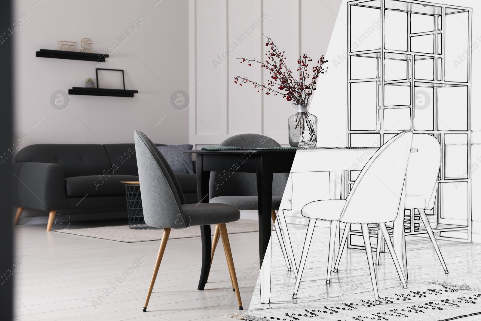 Image of From idea to realization. Beautiful apartment interior with dining area. Collage of photo and sketch