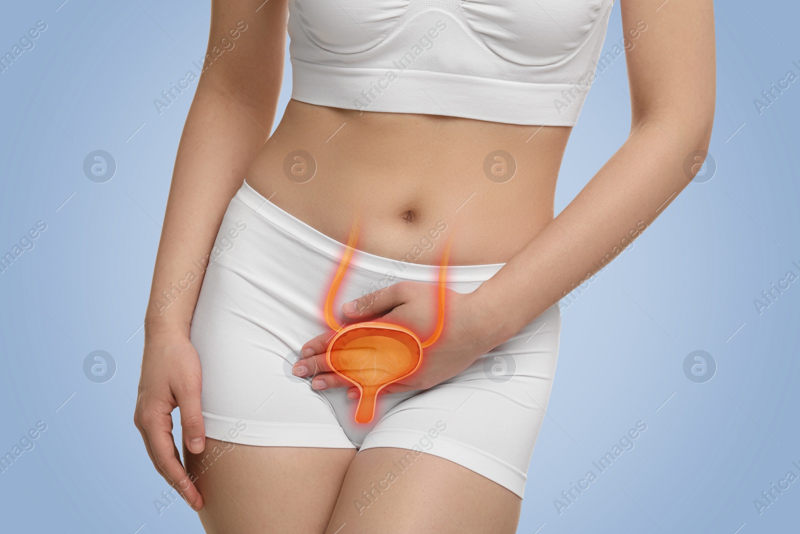 Image of Woman suffering from cystitis on light blue background, closeup. Illustration of urinary system