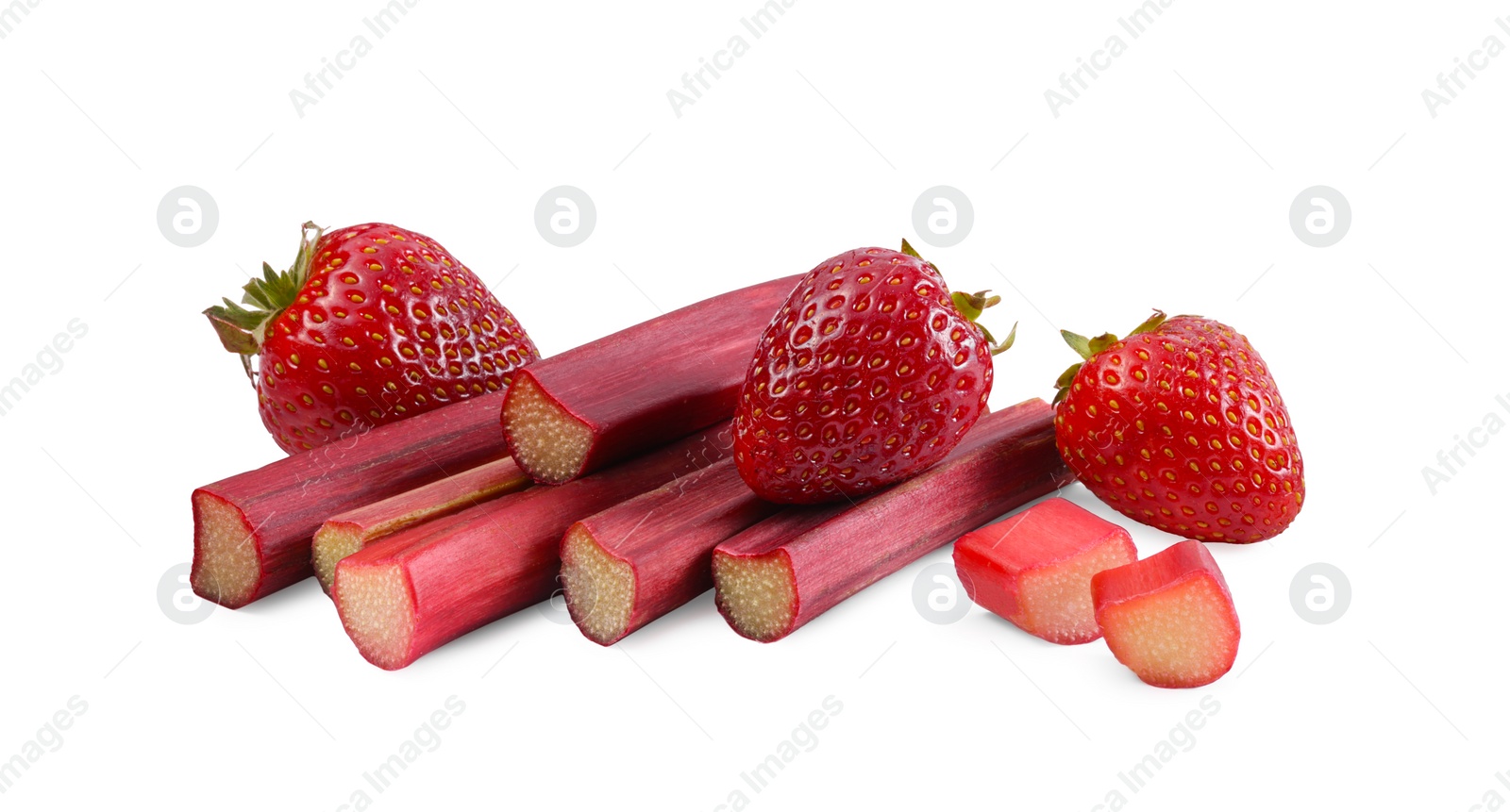 Photo of Cut rhubarb and fresh strawberries isolated on white