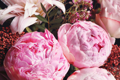 Photo of Beautiful fresh bouquet as background, closeup. Floral decor