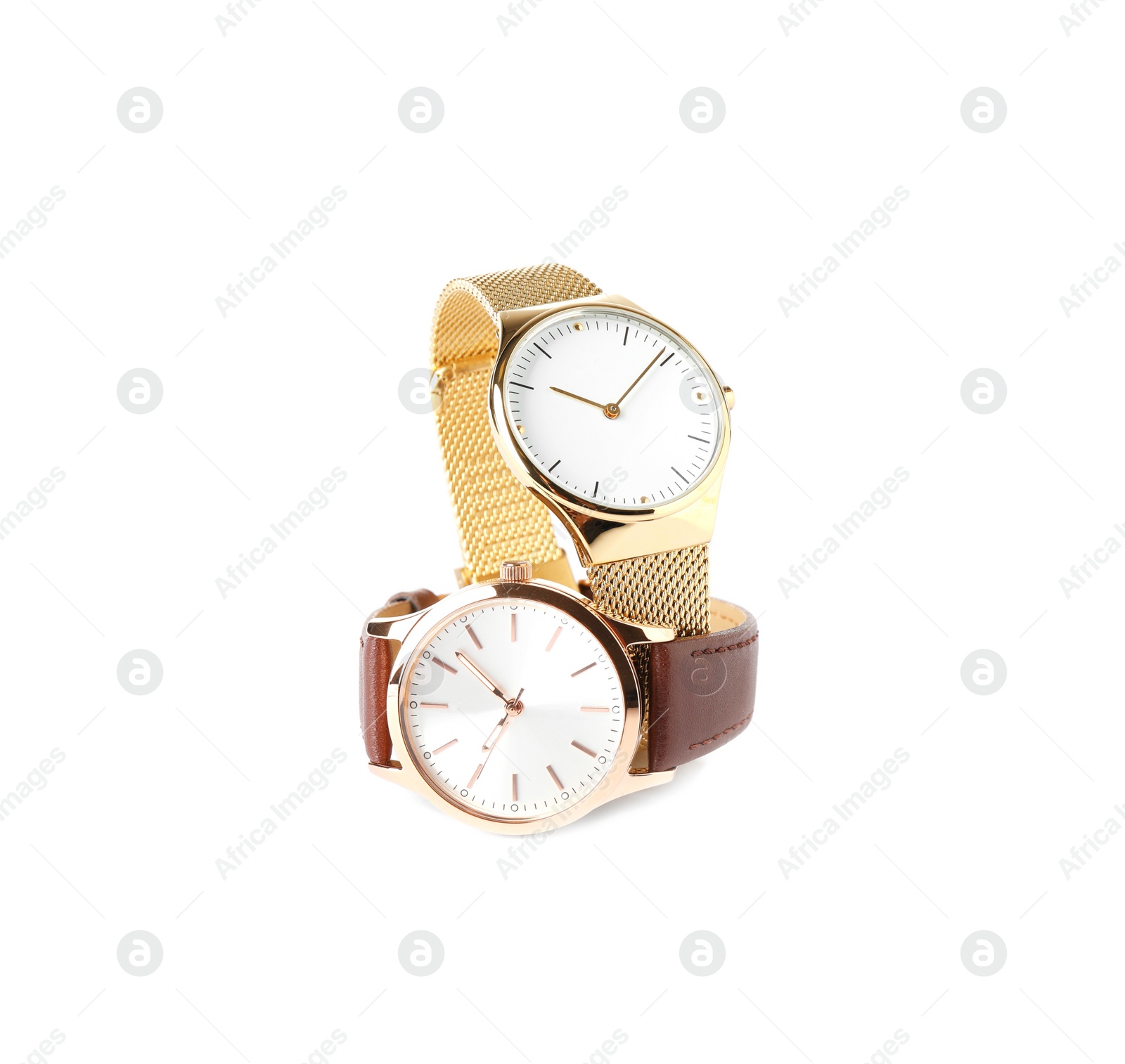 Photo of Luxury wrist watches on white background. Fashion accessories