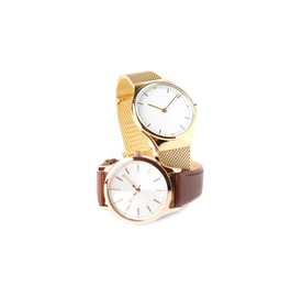 Photo of Luxury wrist watches on white background. Fashion accessories