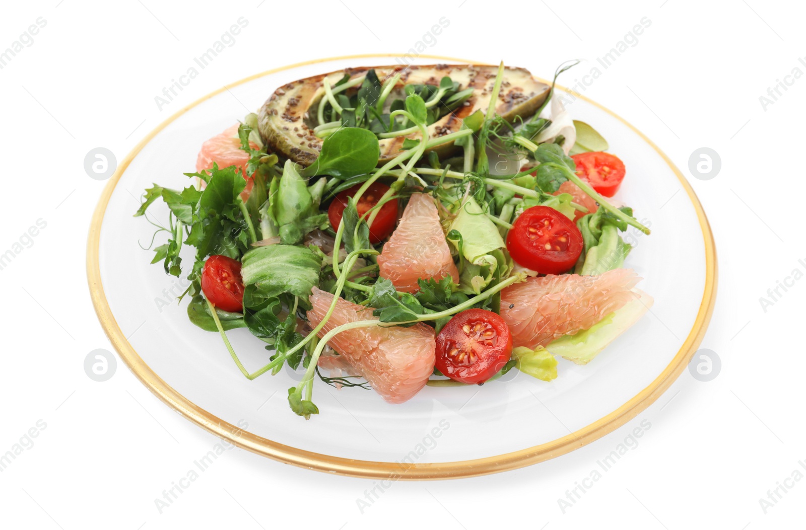 Photo of Delicious pomelo salad with grilled avocado and tomatoes on white background
