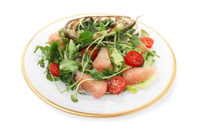 Photo of Delicious pomelo salad with grilled avocado and tomatoes on white background