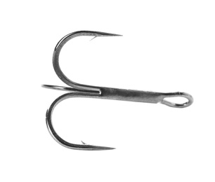 Photo of Metal hook on white background. Fishing accessory