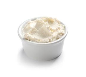 Photo of Bowl of tasty cream cheese on white background