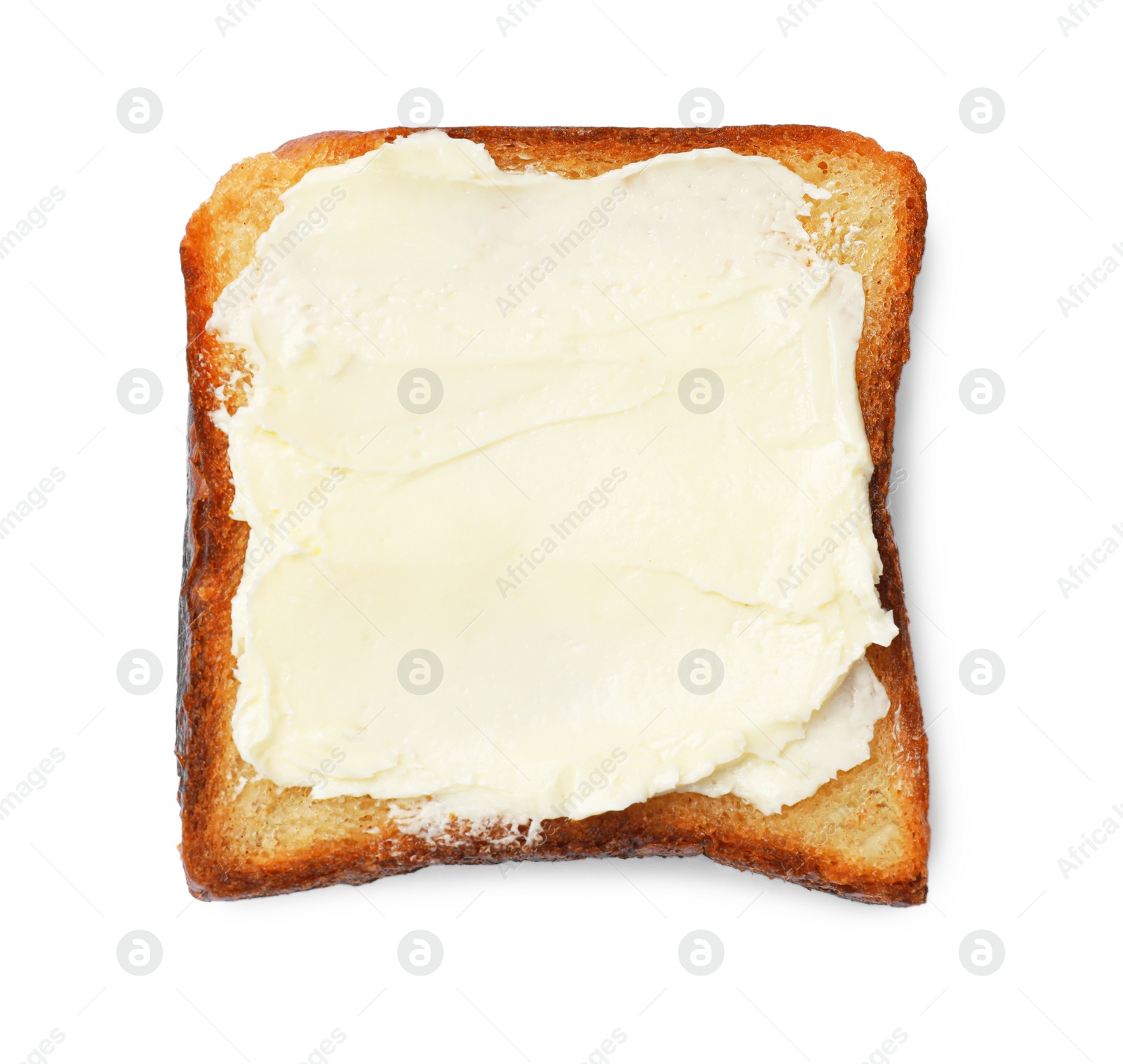 Photo of Piece of toasted bread with butter isolated on white, top view