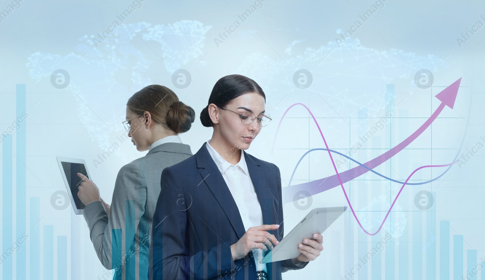Image of Forex trading. Charts with schemes, business women and world map on background