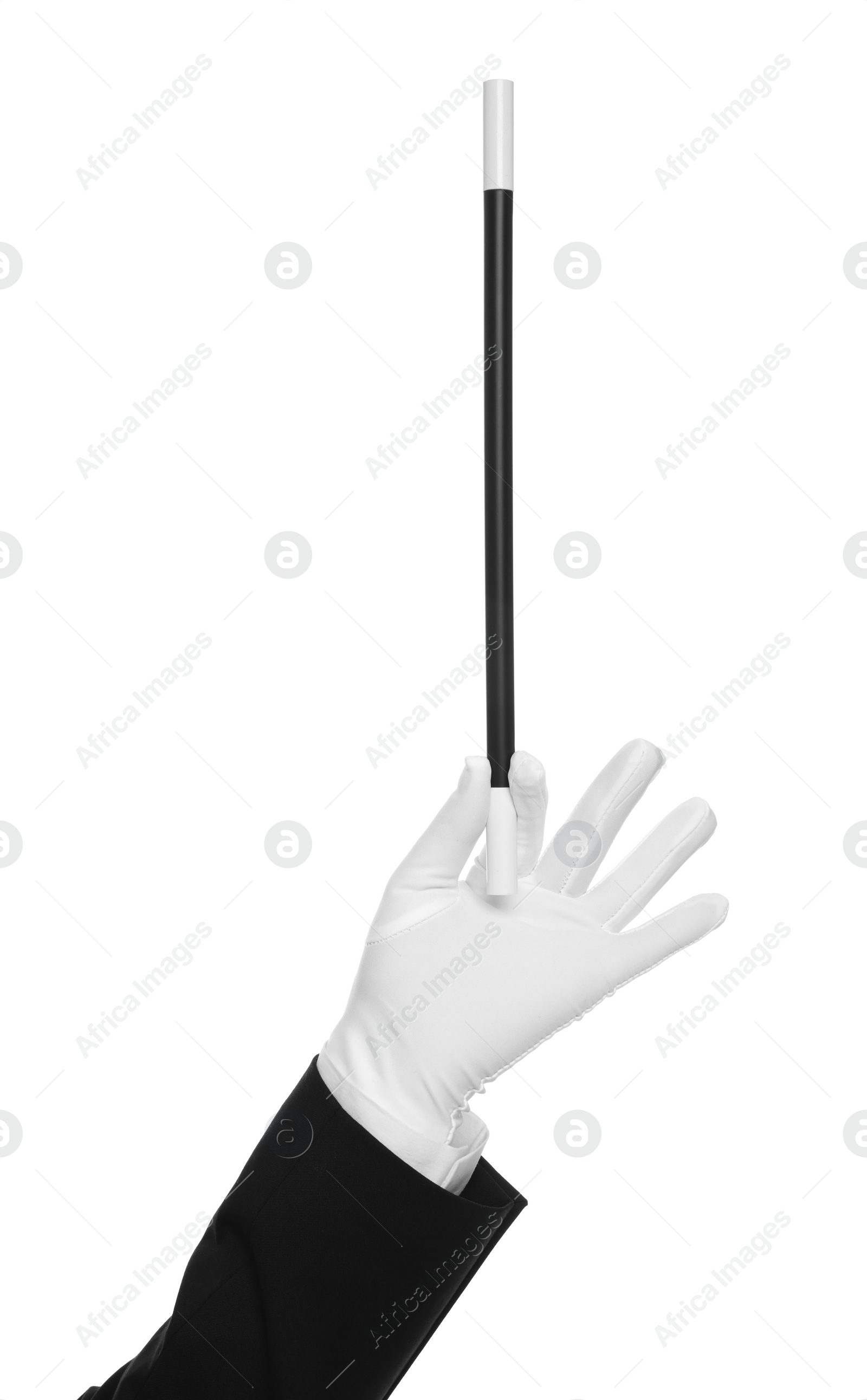 Photo of Magician holding wand on white background, closeup