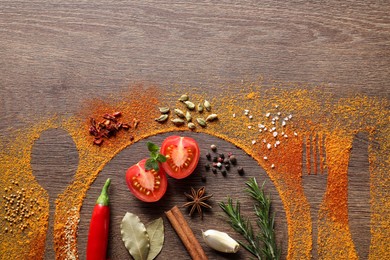 Photo of Flat lay composition with different spices, silhouettes of cutlery and plate on wooden table. Space for text