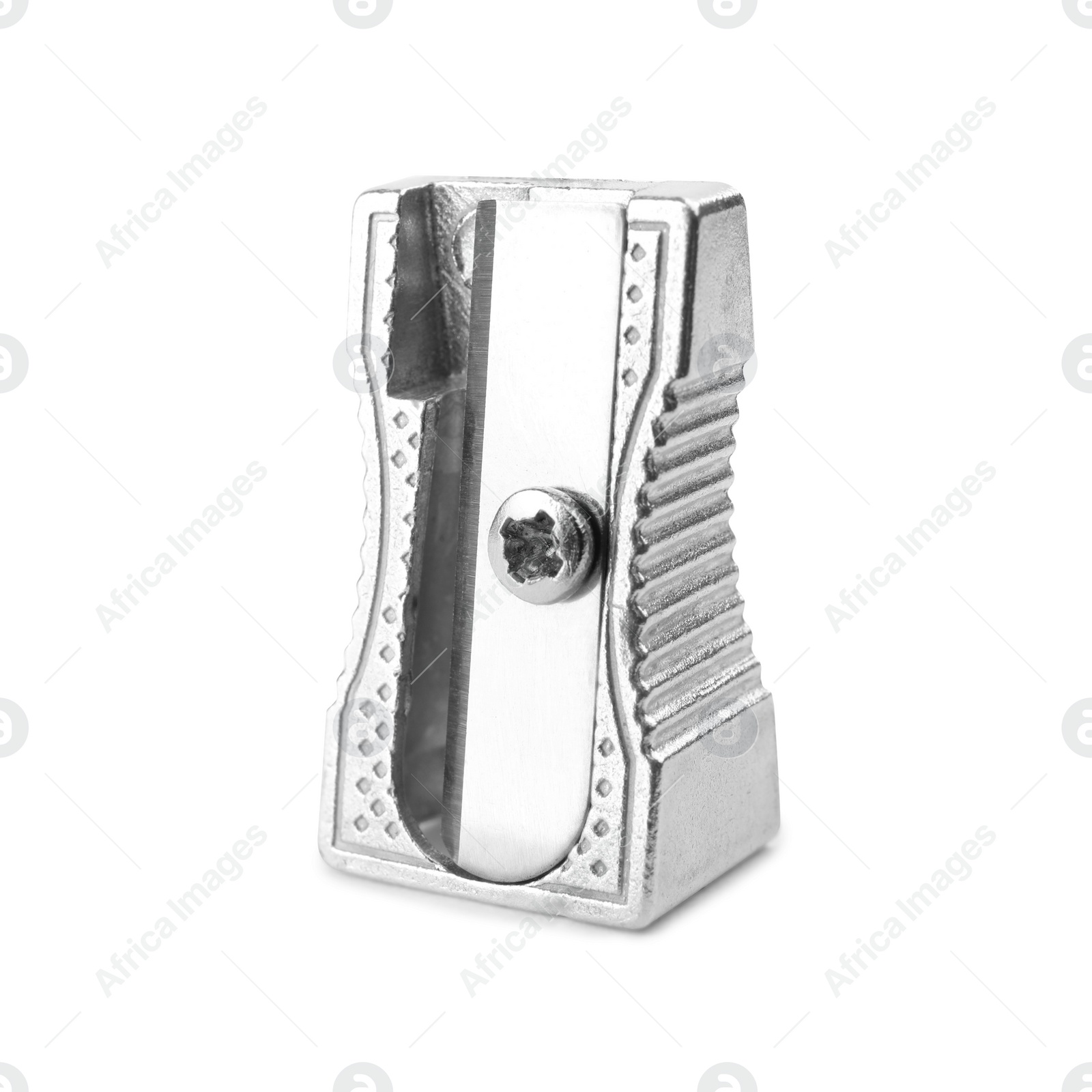 Photo of Shiny metal pencil sharpener isolated on white