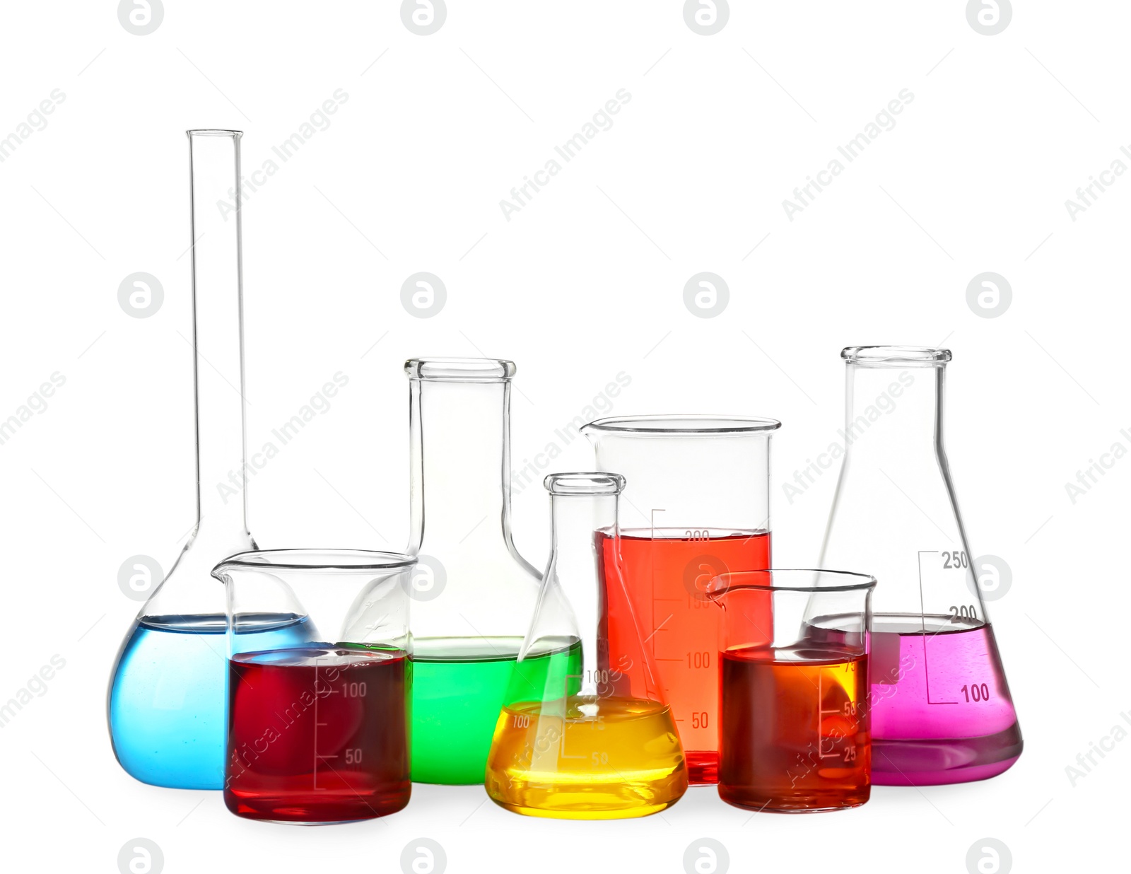 Photo of Different laboratory glassware with colorful liquids isolated on white
