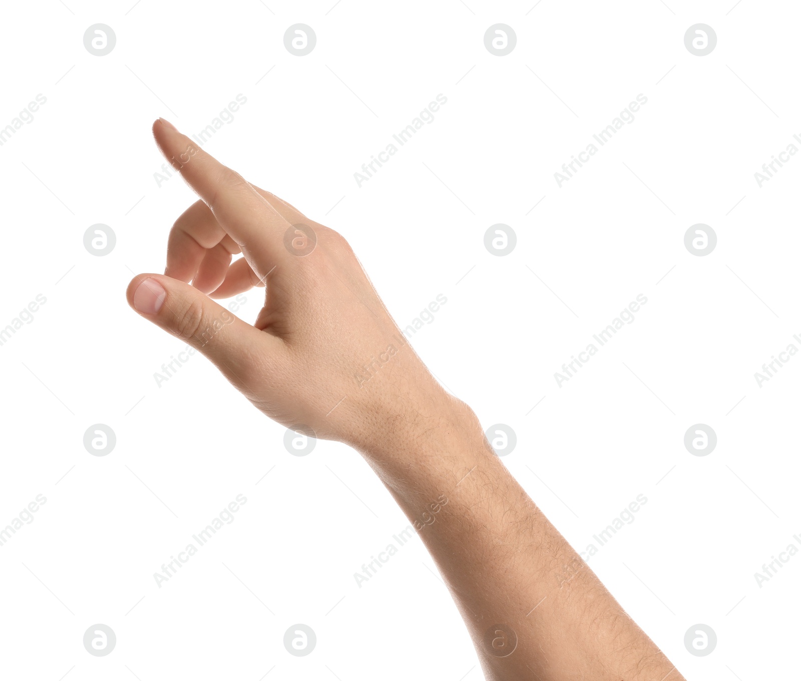 Photo of Man pointing at something on white background, closeup of hand