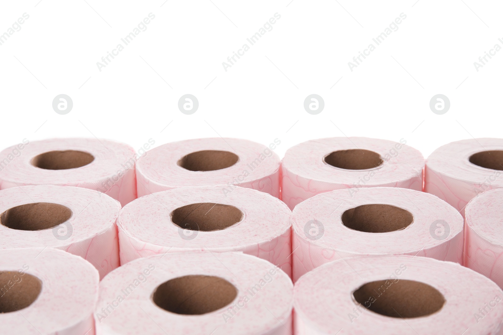 Photo of Many rolls of toilet paper on white background