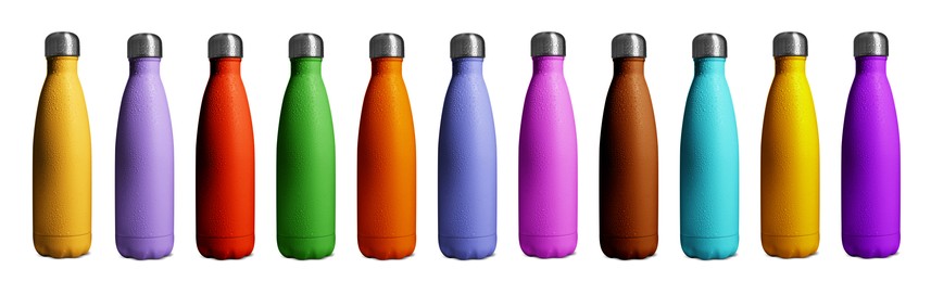 Image of Set with different stylish closed thermo bottles on white background. Banner design
