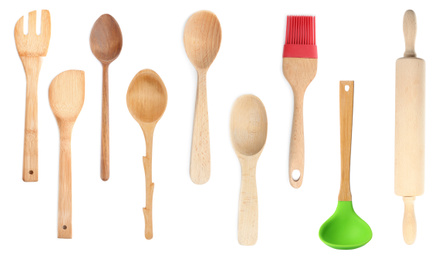 Image of Set with different wooden cooking utensils on white background, banner design