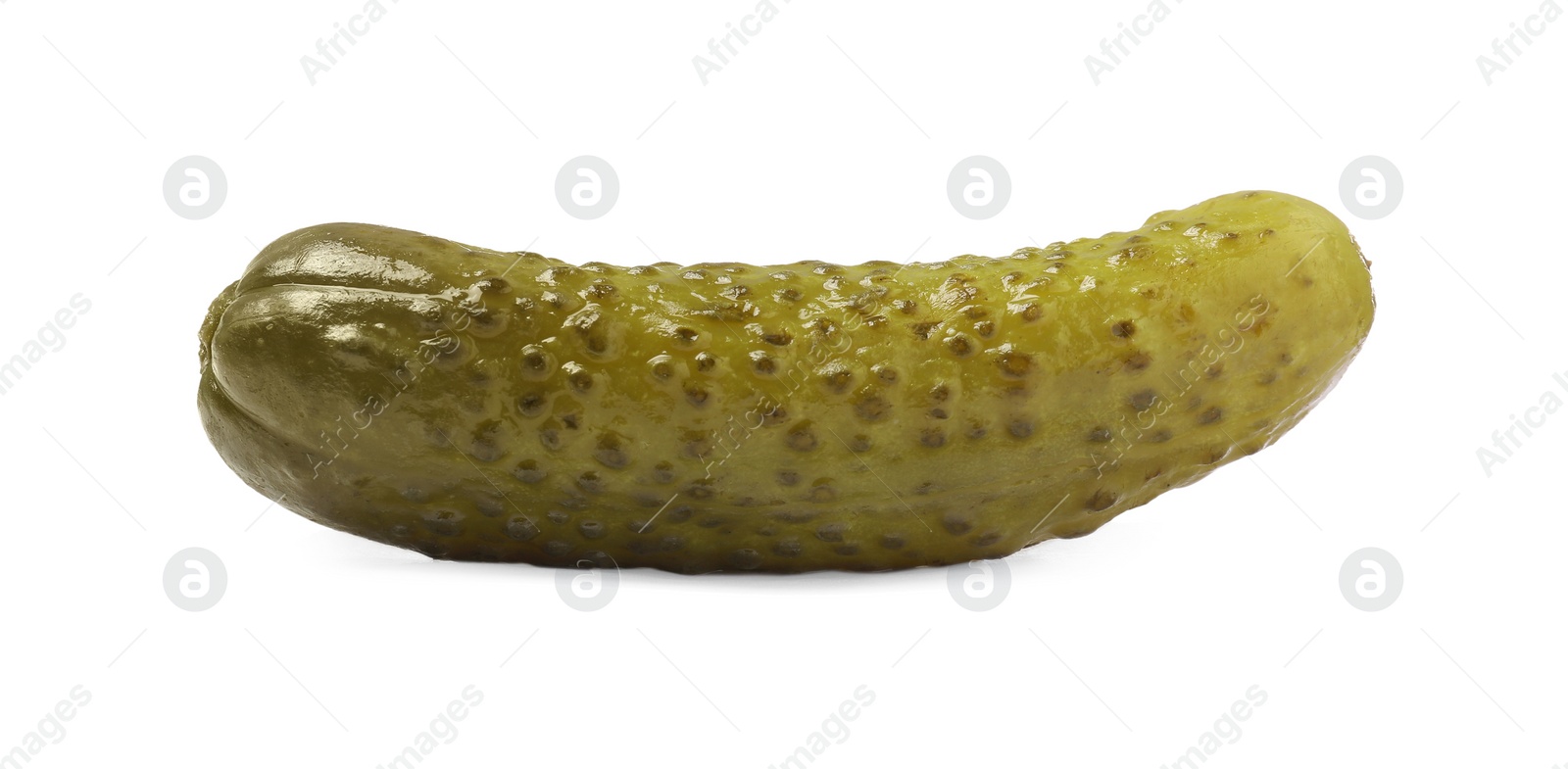 Photo of One tasty pickled cucumber isolated on white