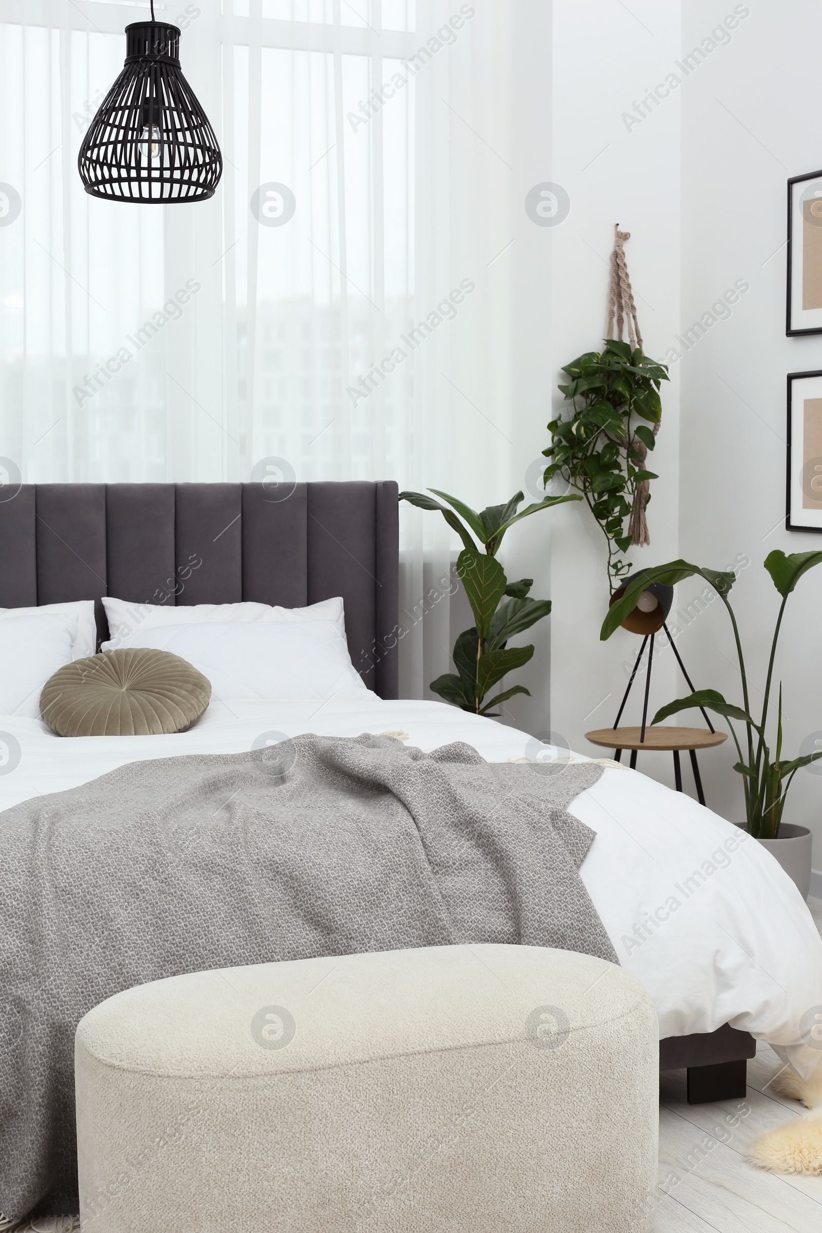 Photo of Large comfortable bed and beautiful houseplants in room. Bedroom interior