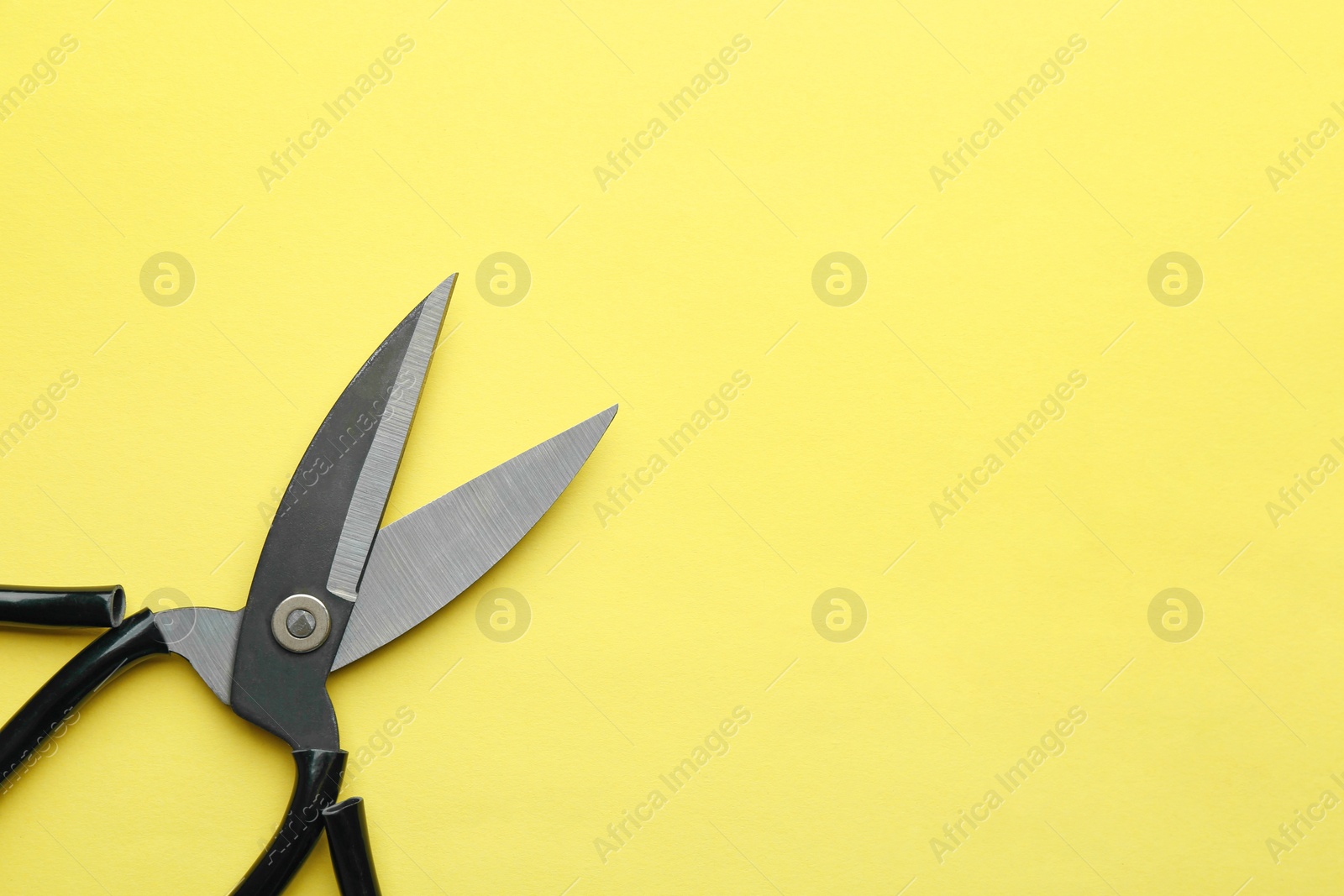 Photo of Pair of sharp scissors on color background, top view. Space for text