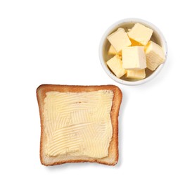Photo of Tasty toast bread with butter on white background,, top view
