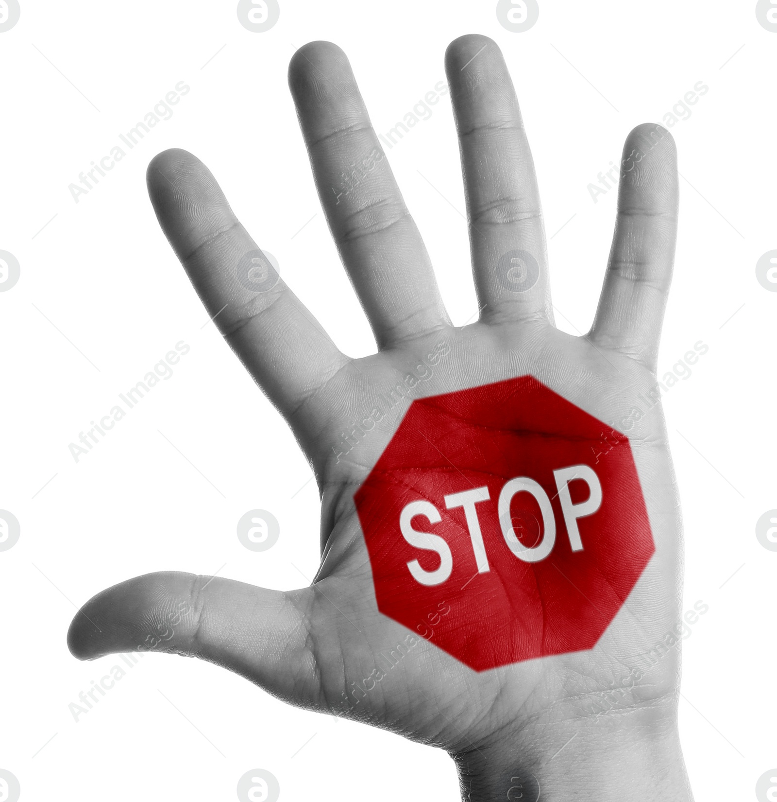 Image of Woman showing palm with drawn STOP sign on white background, closeup