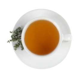 Photo of Aromatic herbal tea with thyme isolated on white, top view