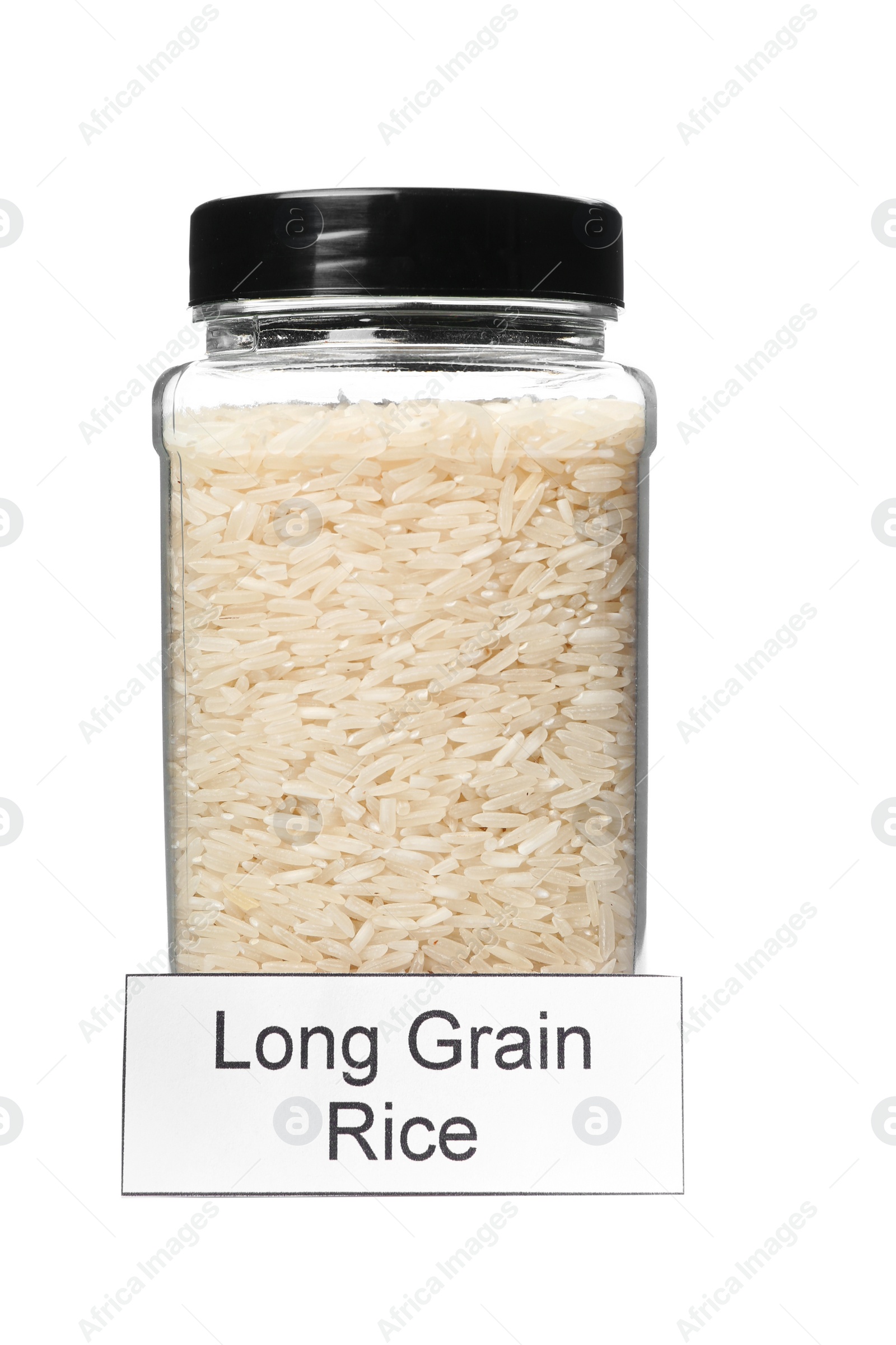 Photo of Long grain rice in jar with label isolated on white. Mock up for design