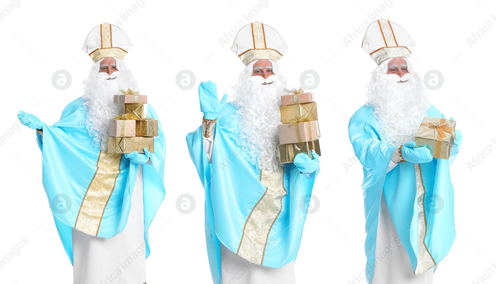 Image of Collage with photos of Saint Nicholas on white background 