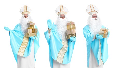 Collage with photos of Saint Nicholas on white background 