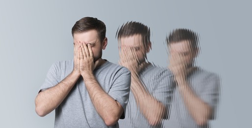 Image of Scared man having hallucination on light grey background. Distorted image