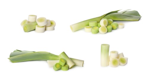 Image of Set with fresh raw leeks on white background