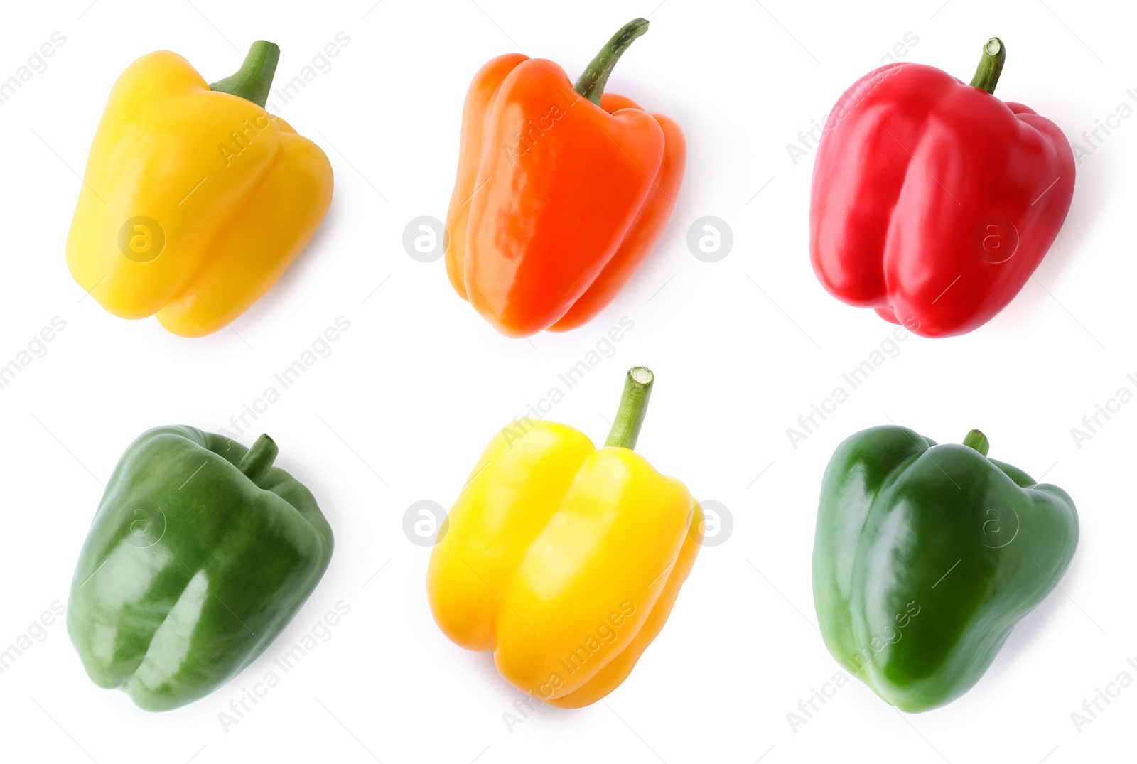 Image of Set of different ripe bell peppers on white background