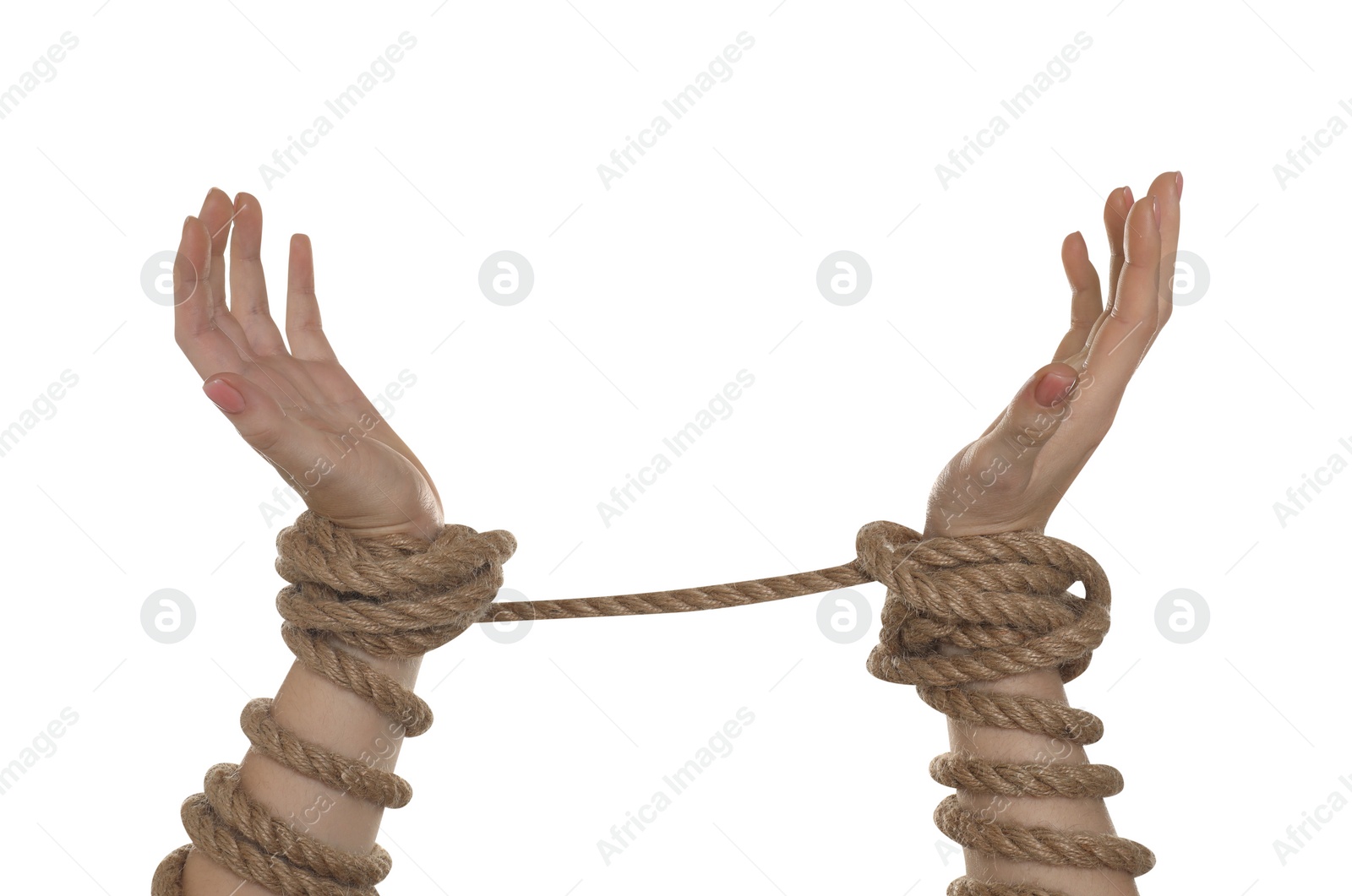 Photo of Freedom concept. Woman with tied arms on white background, closeup