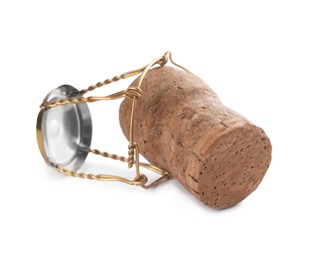 Cork of sparkling wine and muselet cap isolated on white