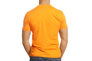 Photo of Man wearing orange t-shirt on white background, back view. Mockup for design