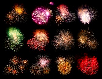 Beautiful bright fireworks on black background, collage 