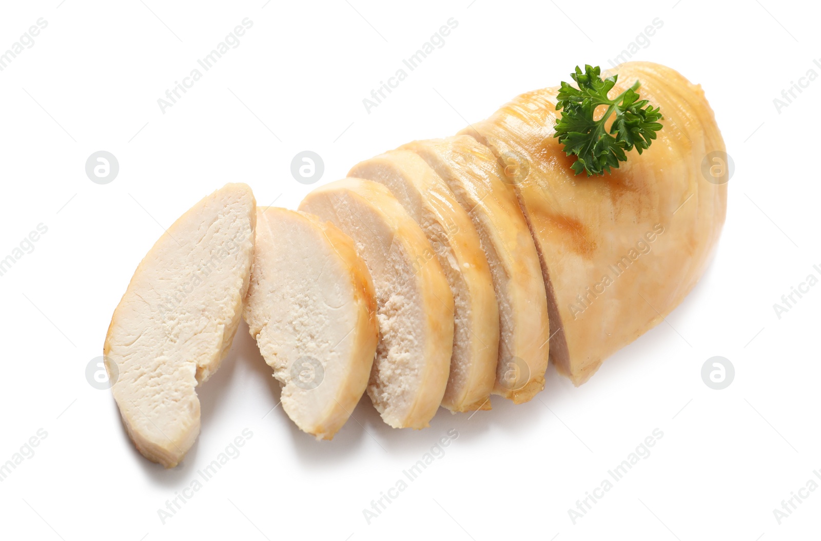 Photo of Partially cut fried chicken breast with parsley on white background