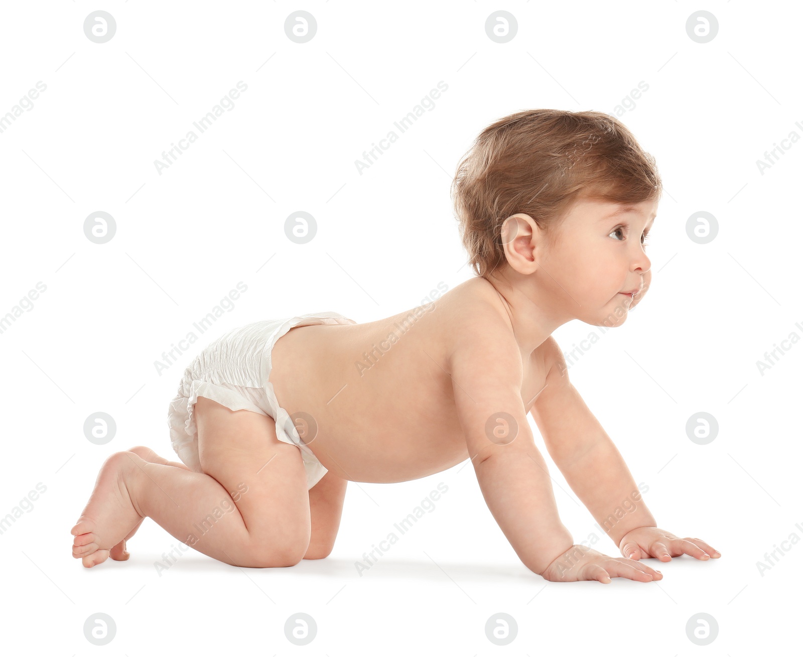 Photo of Cute little baby in diaper on white background