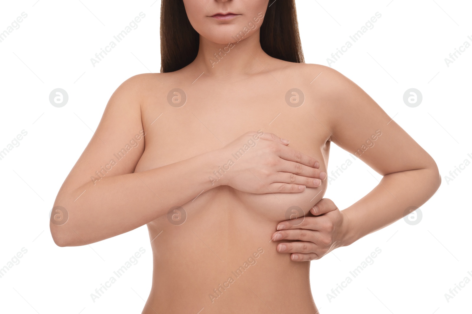 Photo of Mammology. Naked woman doing breast self-examination on white background, closeup