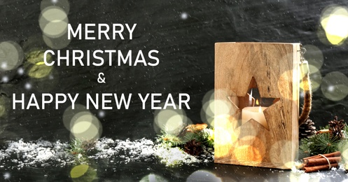 Image of Greeting card design. Composition with wooden Christmas lantern on table 